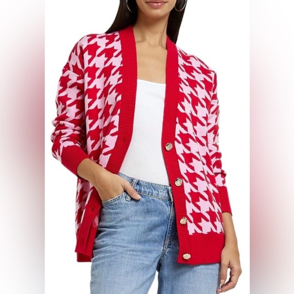 River island red and pink Chic Houndstooth Cardigan gold buttons US 14-16 - Picture 2 of 10